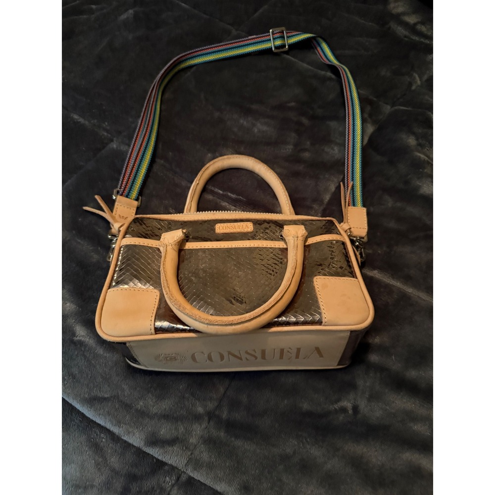 Consuela‎ Metallic Bronze Snakeskin Crossbody Satchel Bag Leather Trim Rainbow